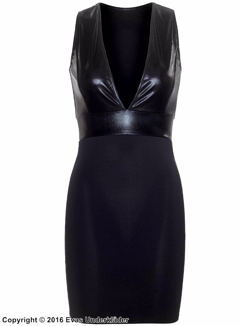 Elegant bodycon-kjole, wet-look, V-utringning